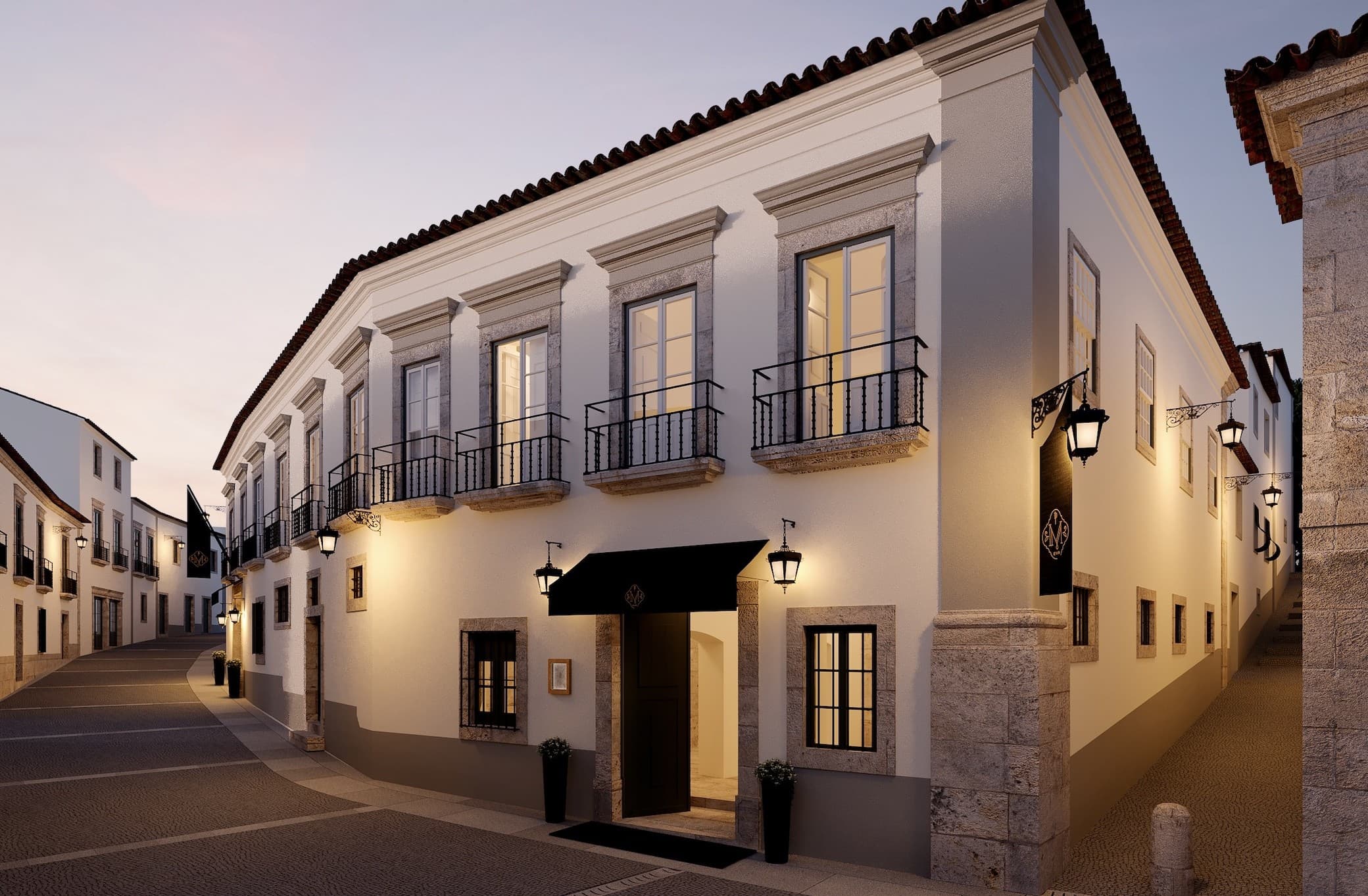 Restored classical building at dusk, Portugal